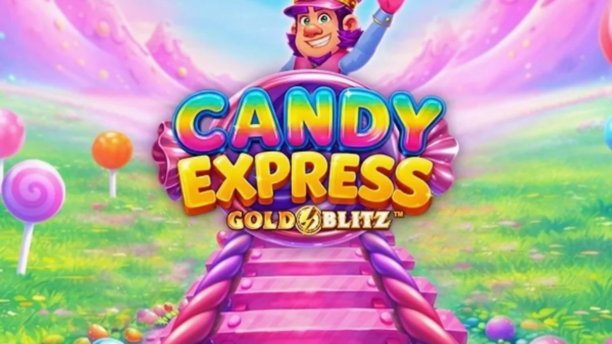 Candy Express Gold Blitz slot game interface featuring colorful candy train theme